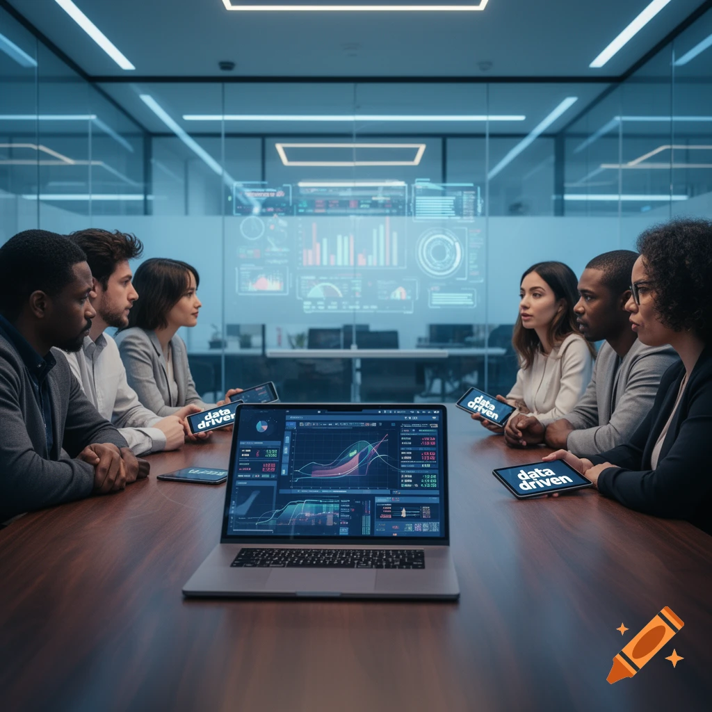 Diverse professionals in a modern conference room analyze data on a laptop, tablets, and a large display screen during a meeting.