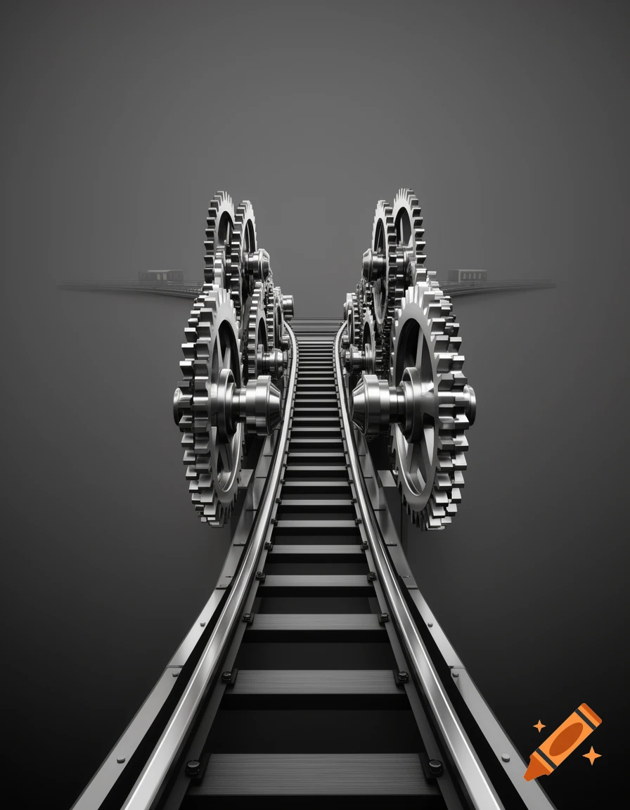 A stylized railroad track curves upward, flanked by large, shiny metallic gears, set against a dark grey background.