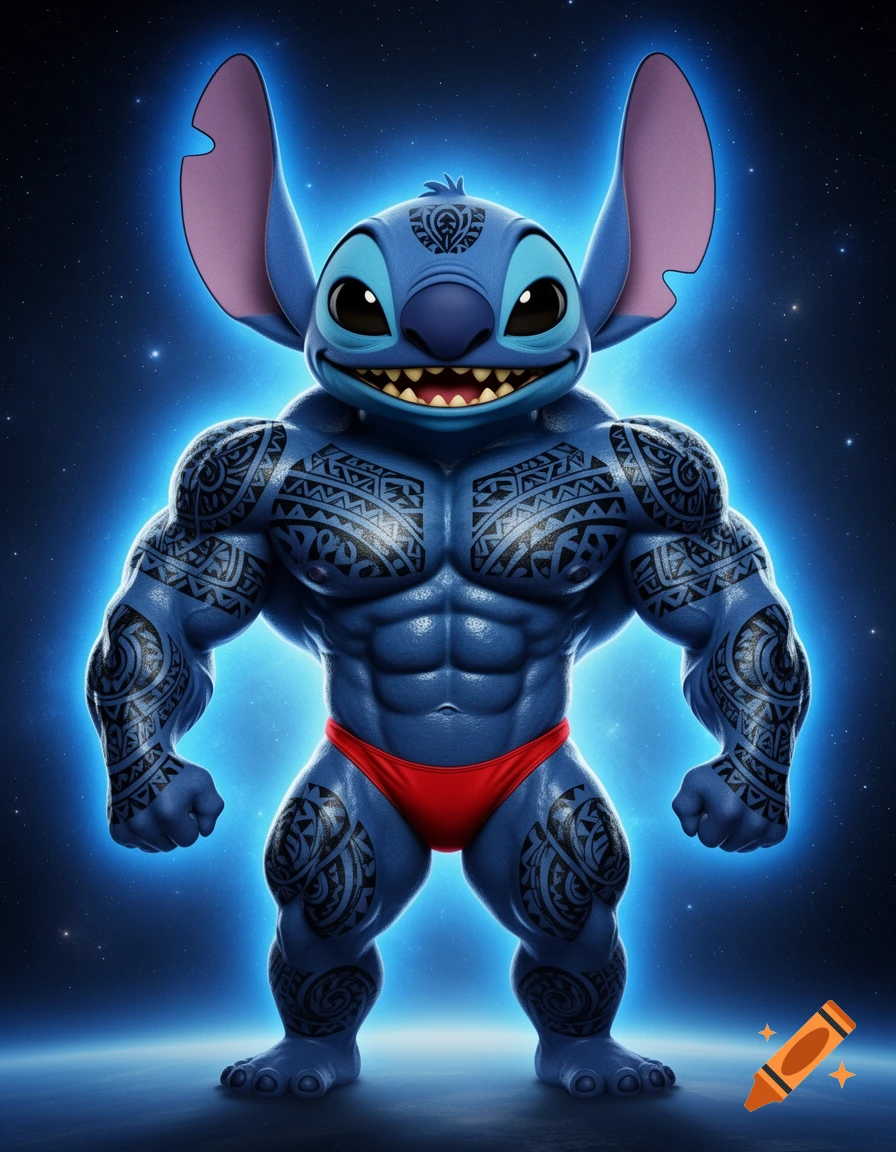 Hyper-realistic Stitch from Lilo & Stitch, heavily muscled and covered in Polynesian tattoos, wearing a red thong, glowing blue in space.