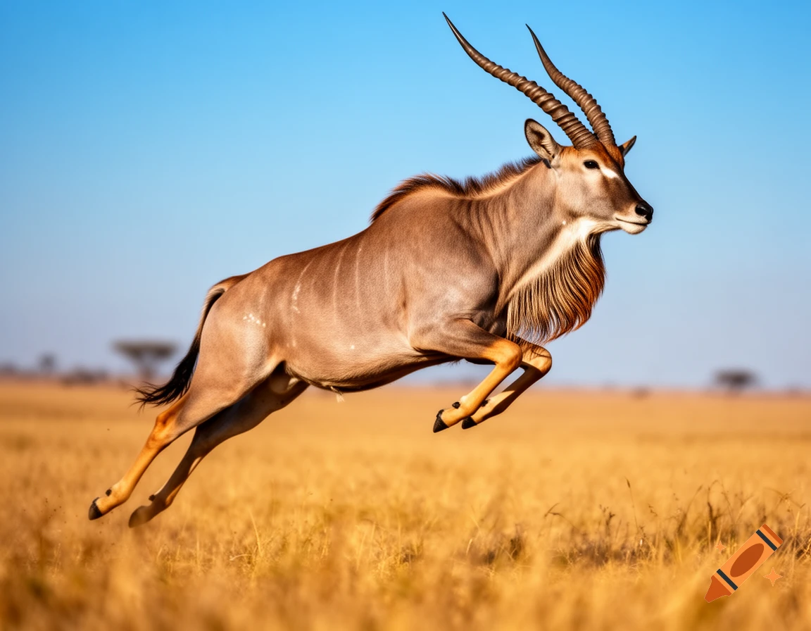 An antelope with large spiraled horns leaps across a golden grassy savanna under a clear blue sky.