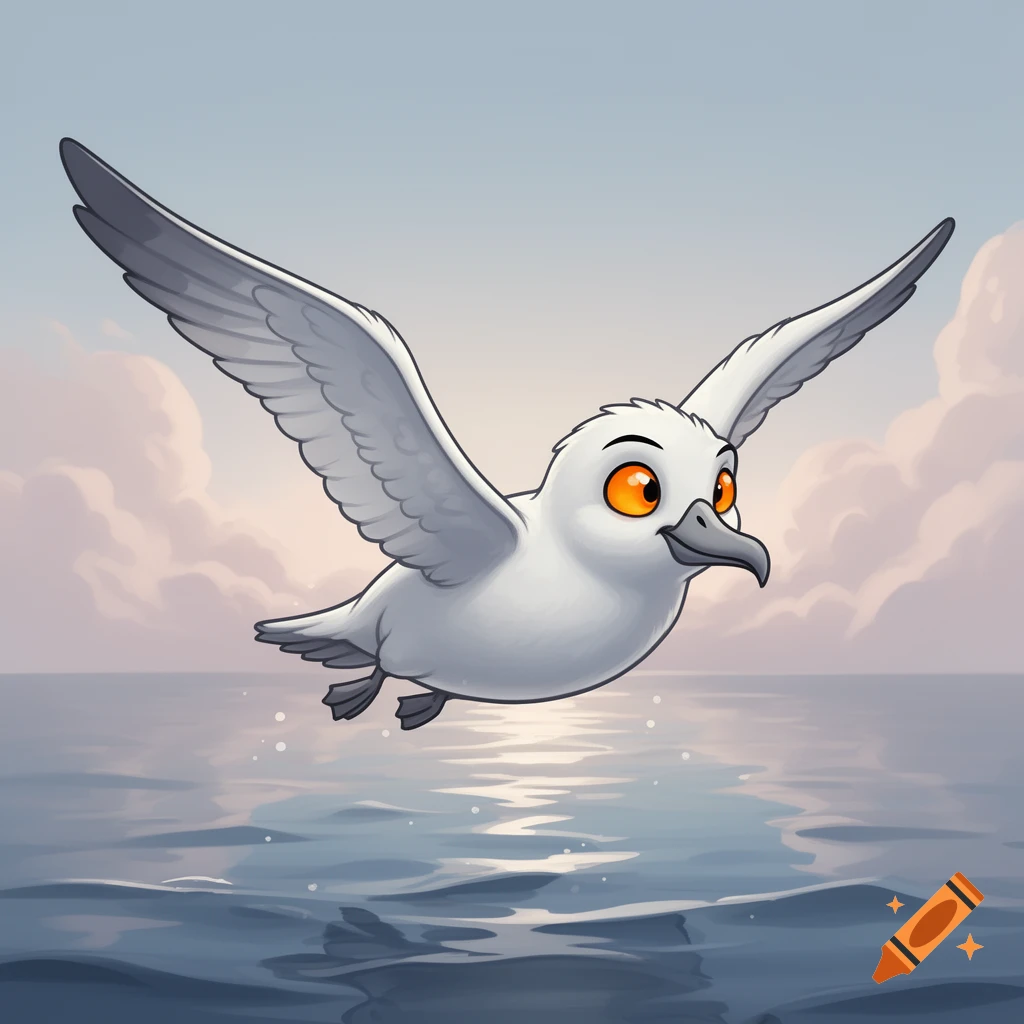 A cute cartoon albatross with bright orange eyes flying over the ocean at sunset.