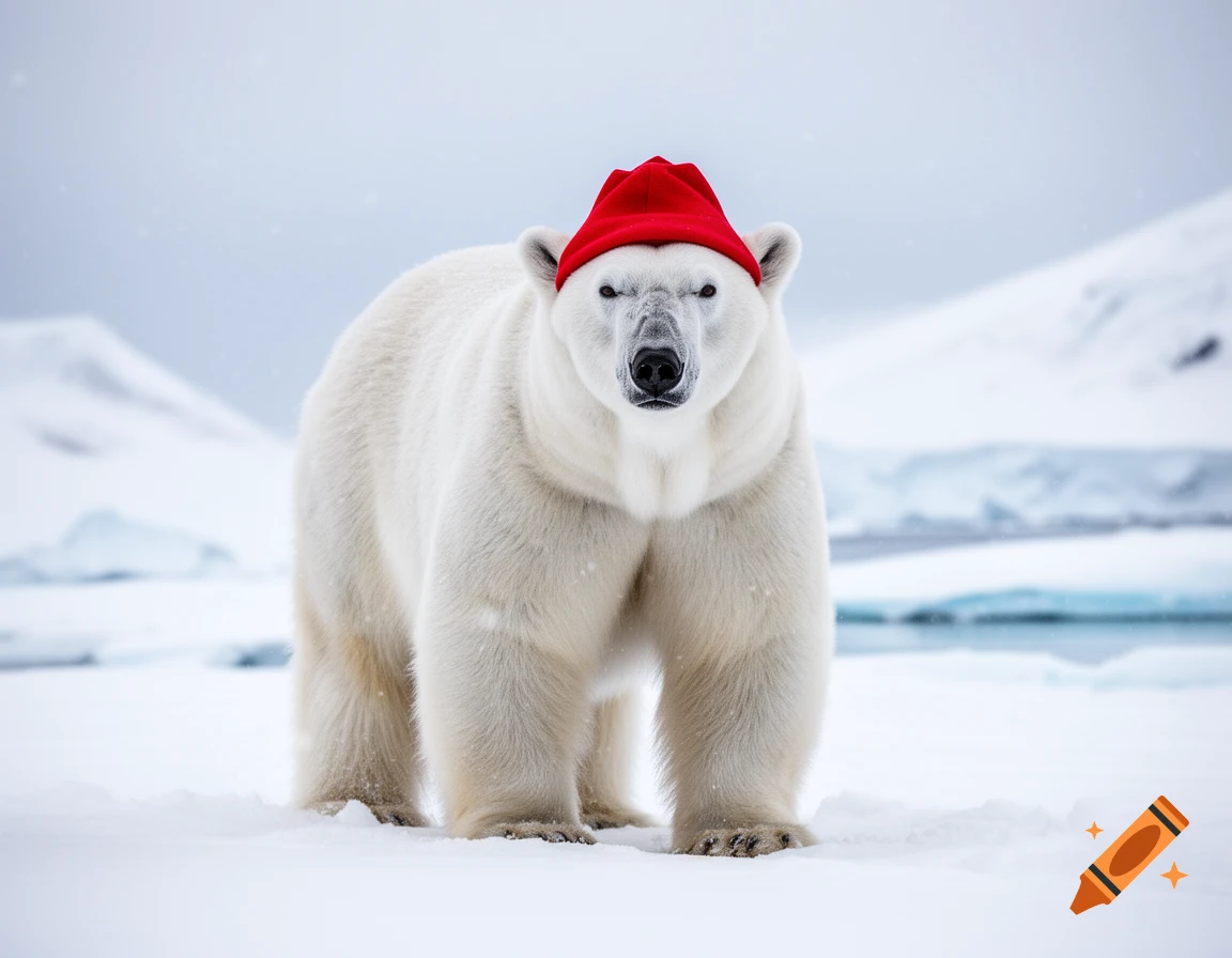 A photorealistic polar bear wearing a red hat stands in a snowy arctic landscape, looking directly at the viewer.