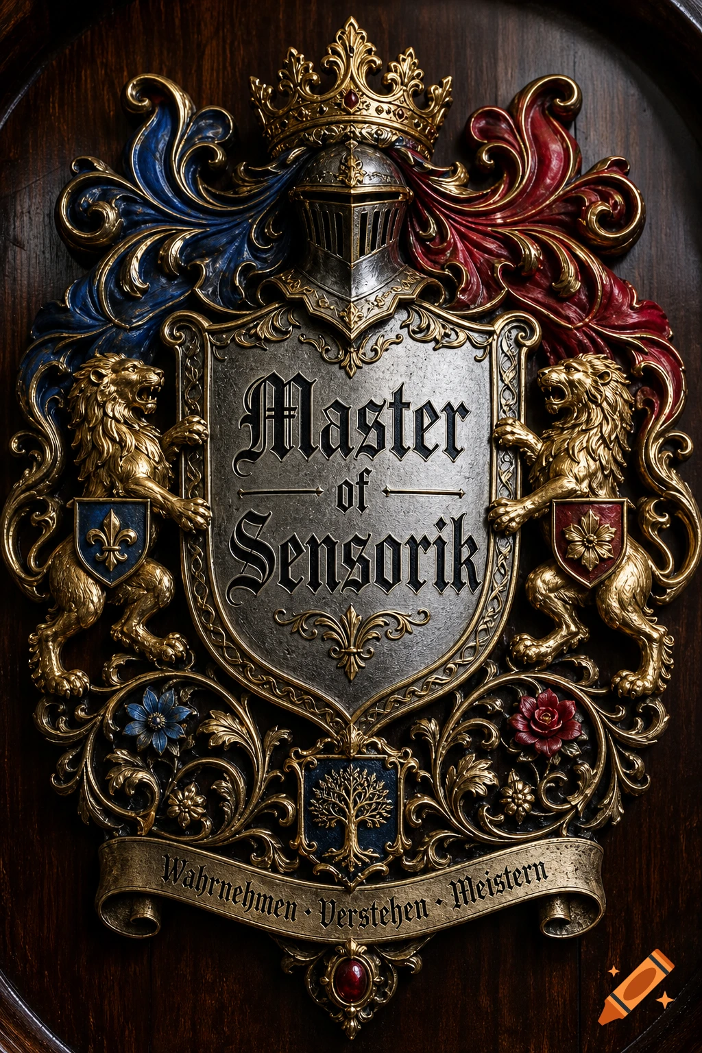 Ornate medieval crest with 'Master of Sensorik' on a shield, flanked by golden lions and topped with a crown and helmet.