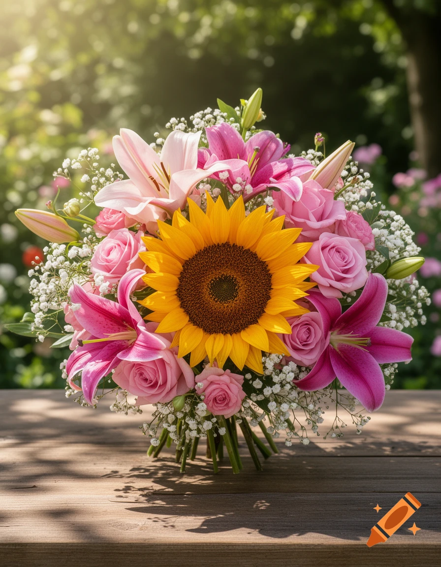 Vibrant bouquet featuring a prominent sunflower, pink lilies, and roses on a wooden table in a sunlit garden.