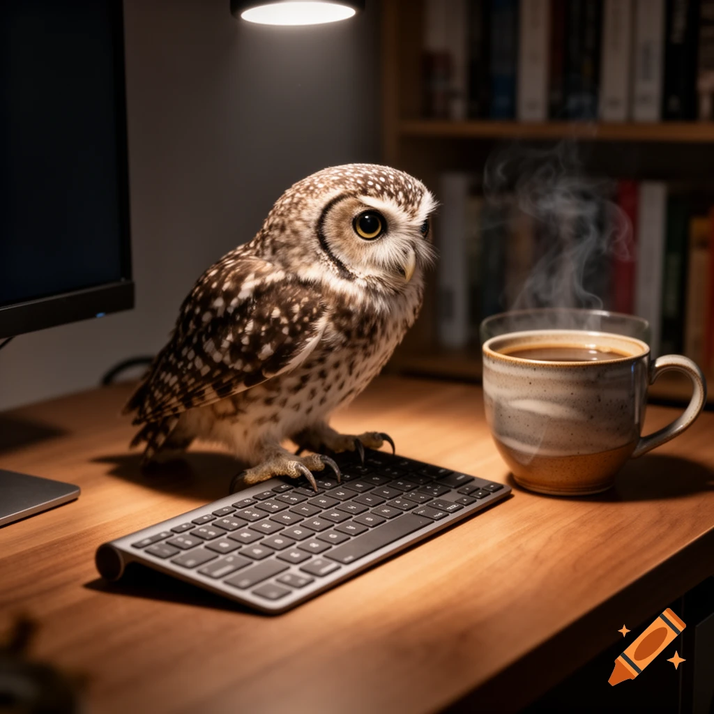 A small owl sits at a desk with a keyboard, next to a steaming cup of coffee, under a spotlight.
