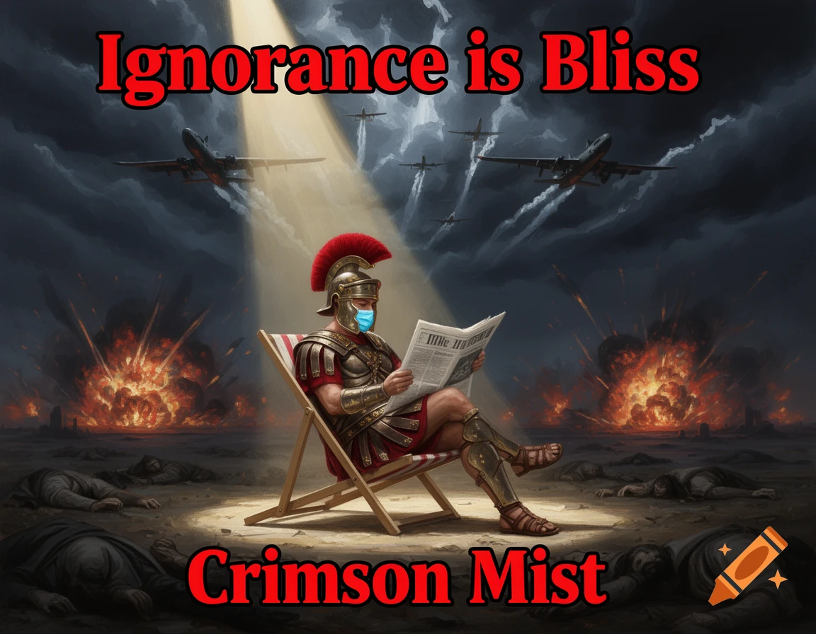 A Roman centurion in a face mask reads a newspaper in a deck chair under a spotlight, surrounded by explosions, planes, and collapsed figures in a stormy landscape. Text reads "Ignorance is Bliss" and "Crimson Mist".