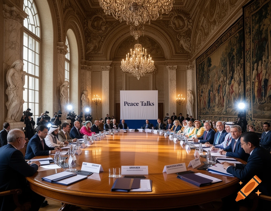 Photorealistic image of a large, formal peace talks meeting around a long, polished wooden table in an ornate room with chandeliers and large windows.
