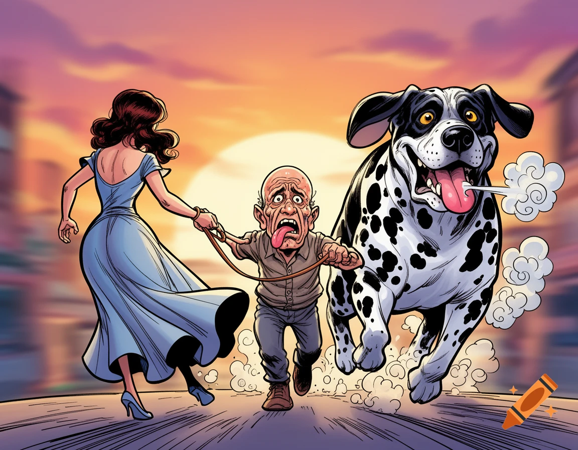 A cartoon scene shows a woman in a blue dress from behind, holding a leash. The leash is attached to a bald, old man with a long tongue, who is being dragged. Next to him, a large, black and white spotted dog with floppy ears runs forward, panting vigorously. The background features a vibrant orange and purple sunset.