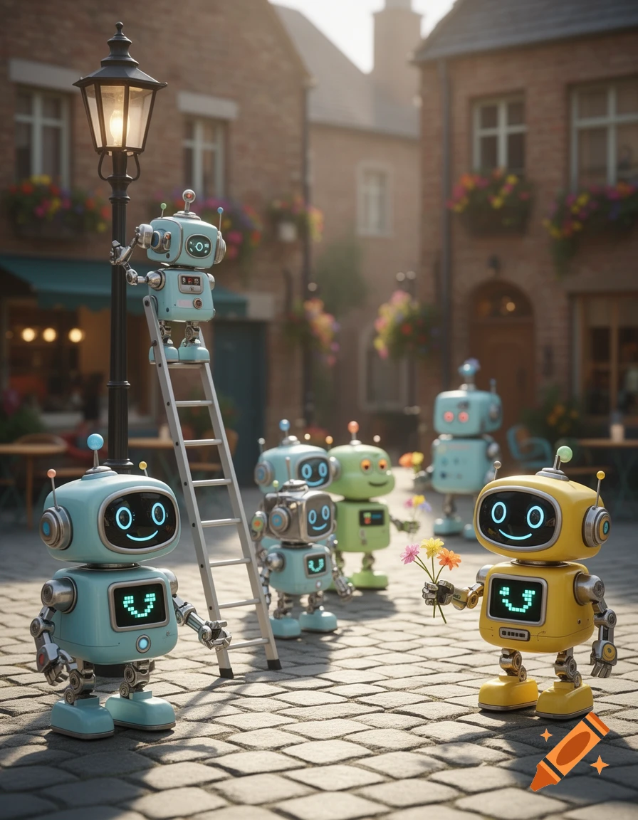 Cute robots on a cobblestone street; one offers flowers, another climbs a ladder on a lamppost, in a charming town.