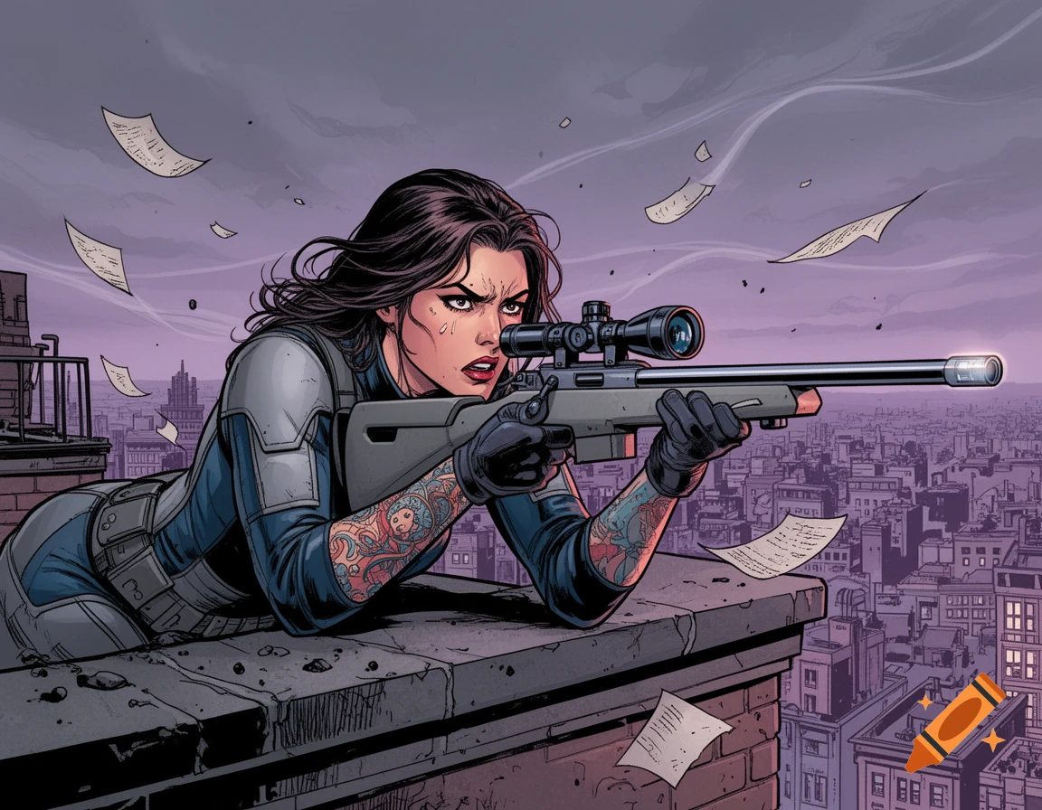 Comic style illustration of a focused woman with dark hair in tactical gear aiming a sniper rifle from a city rooftop at dusk.