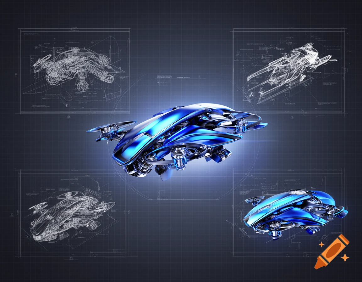 A shiny blue futuristic drone floats above a grid background with technical blueprints.