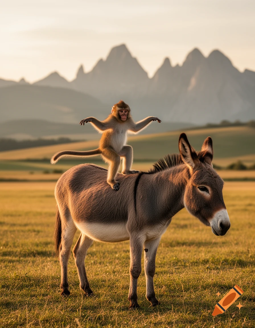 A photorealistic image of a monkey balancing on the back of a donkey in a sunny field with mountains in the background.