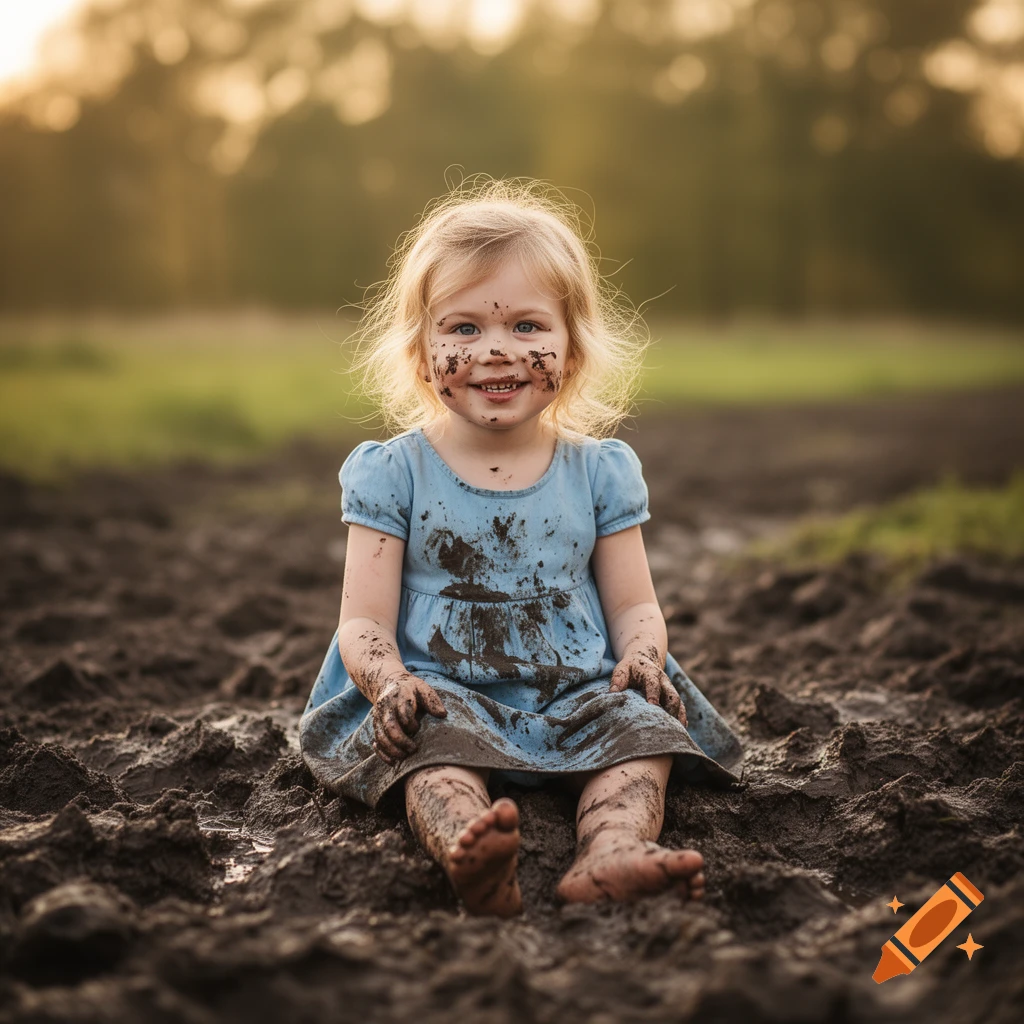 A smiling blonde toddler sits in mud, with dirt smeared on her face, arms, legs, and blue dress, against a blurry natural background.