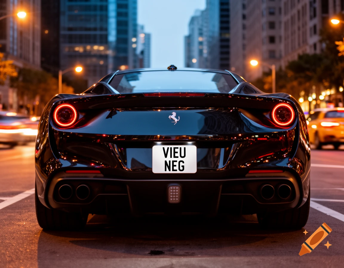 Back view of a black Ferrari with a custom license plate "VIEU NEG" parked on a city street at night, illuminated by streetlights.