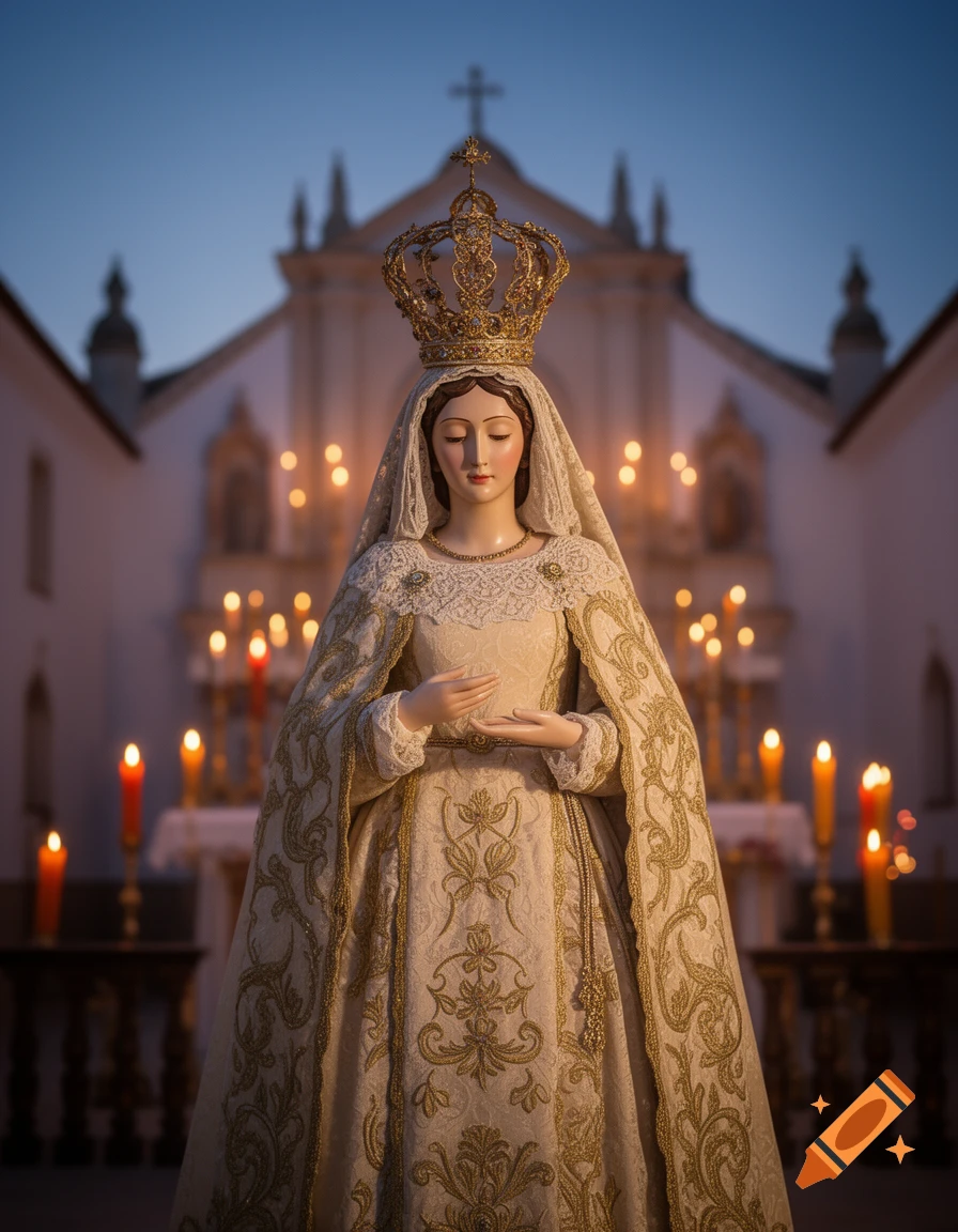 A detailed statue of the Virgin Mary wearing a golden crown and an ornate white and gold gown, standing before a church with glowing candles at dusk.