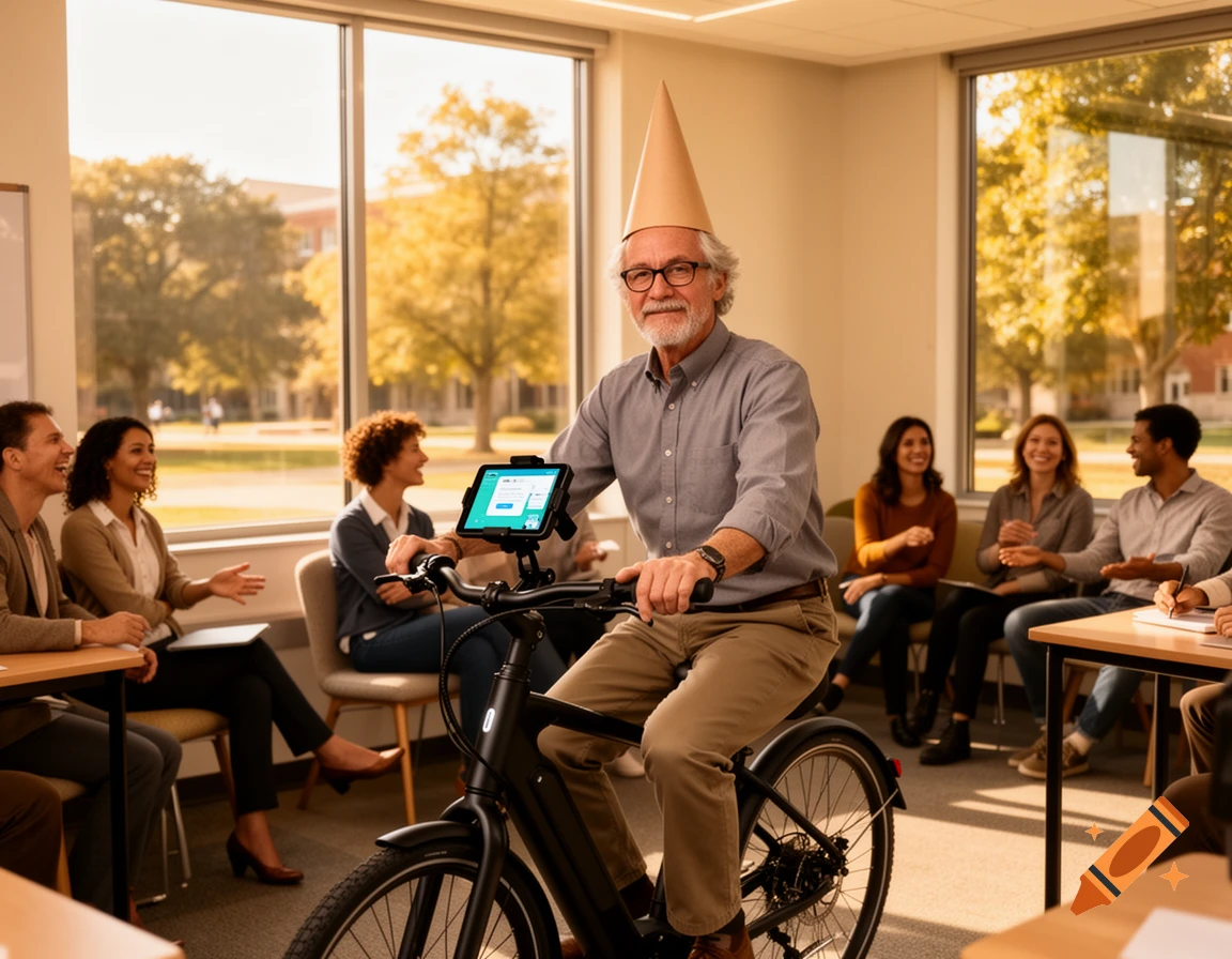 A smiling professor wearing a dunce cap rides an electric bike through a modern classroom, observed by laughing colleagues.