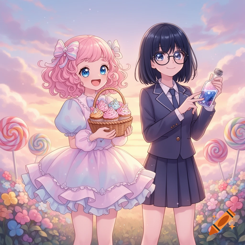 Two anime girls, one in a puffy dress with cupcakes, the other in a school uniform with a potion, in a candy-themed field at sunset.