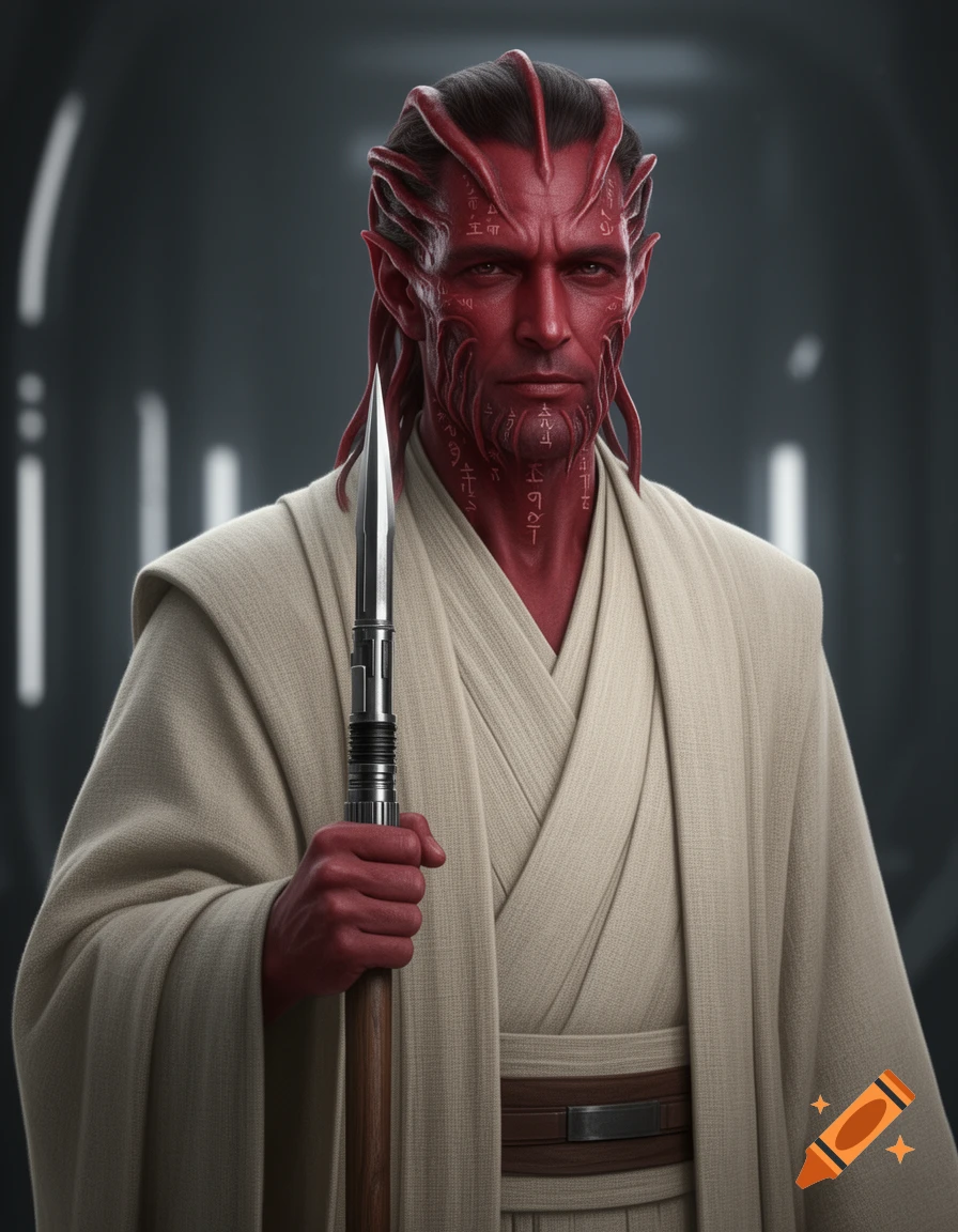 A calm, red-skinned Star Wars alien in light robes holds a spearsaber like a walking stick in a sci-fi corridor.