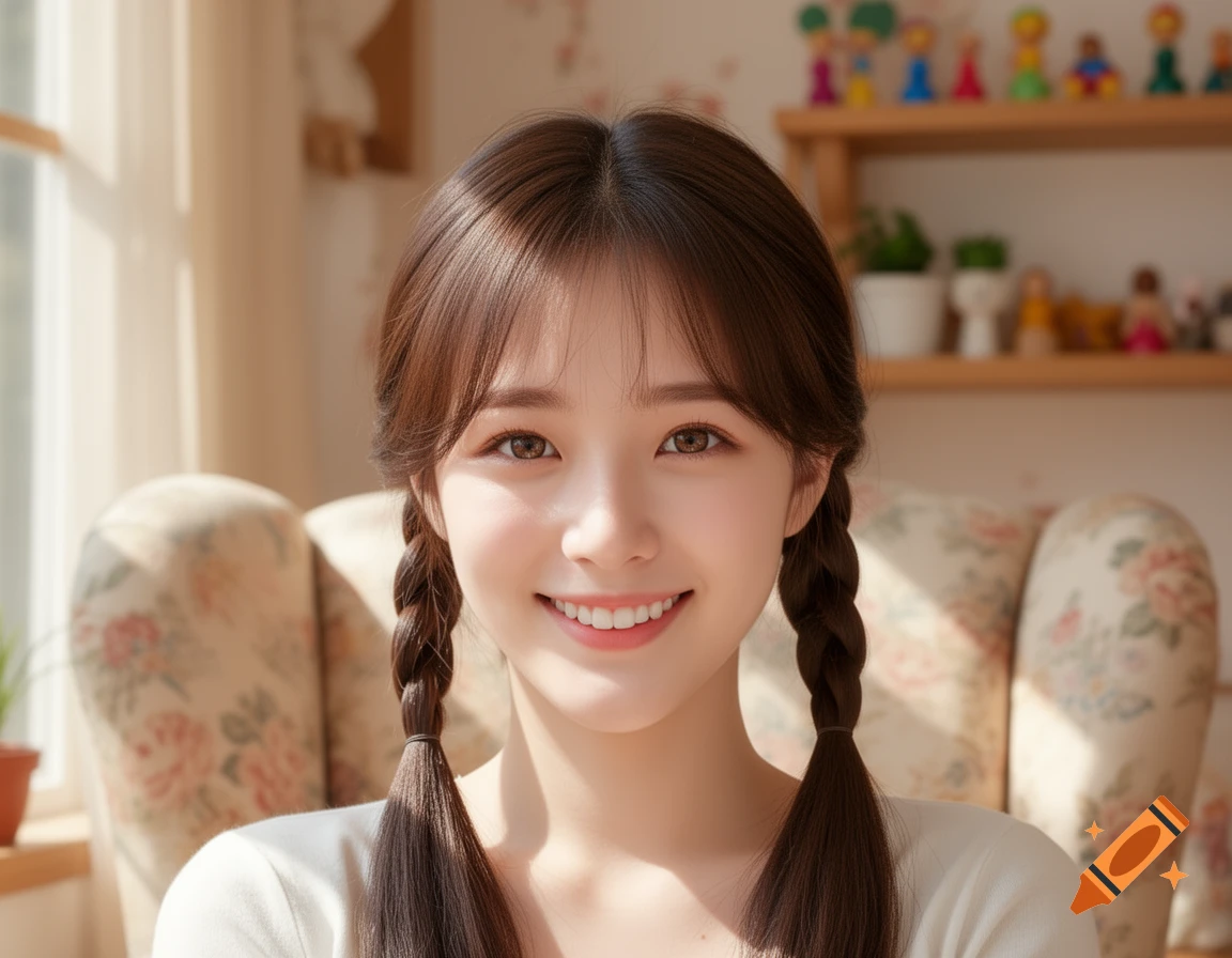 Photorealistic close-up of a smiling young woman with dark hair in pigtails, wearing a white top, in a sunlit room.