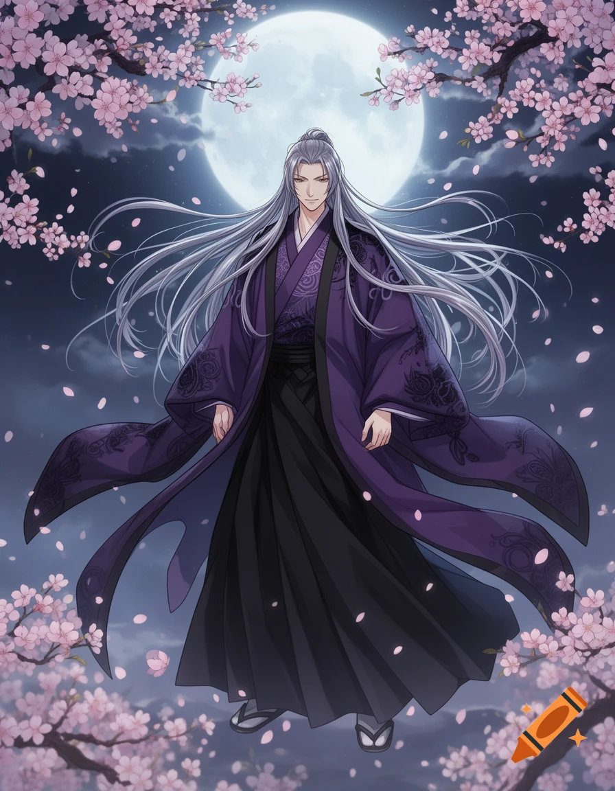An anime man with long silver hair in a purple kimono stands under a full moon, surrounded by pink cherry blossoms.