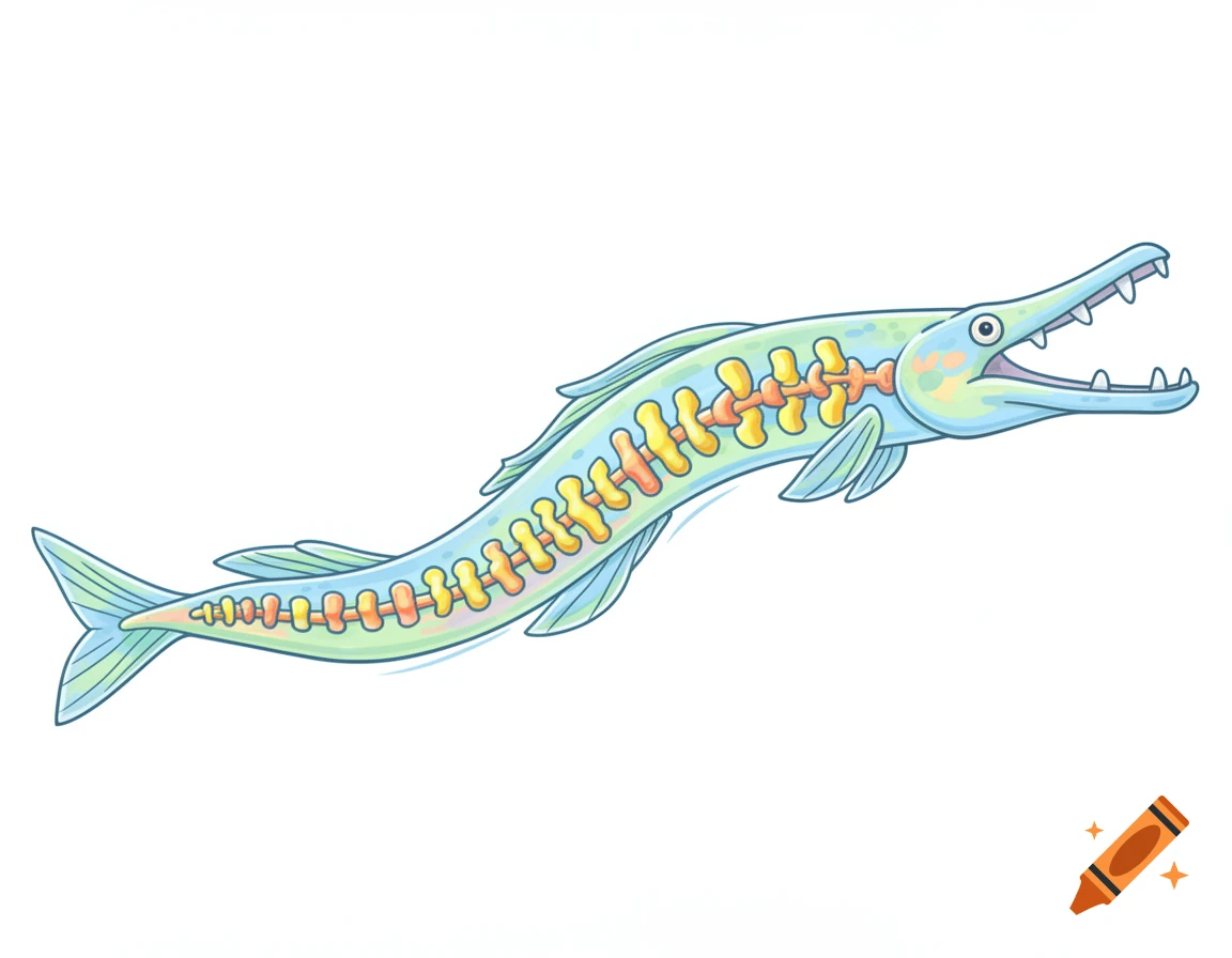 A stylized light blue and green fish with an elongated snout, sharp teeth, and visible internal yellow skeletal structures, on a white background.