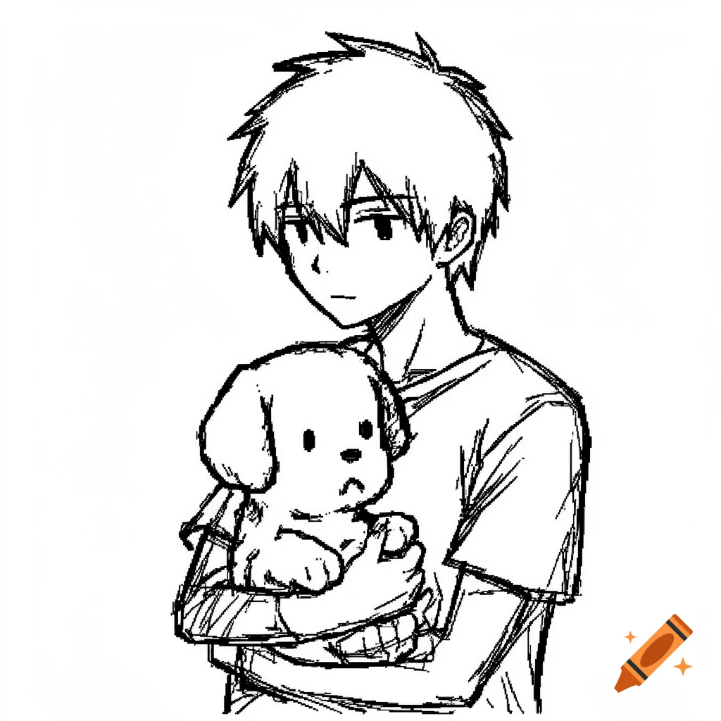 Black and white MS Paint style sketch of an anime boy holding a sad puppy.