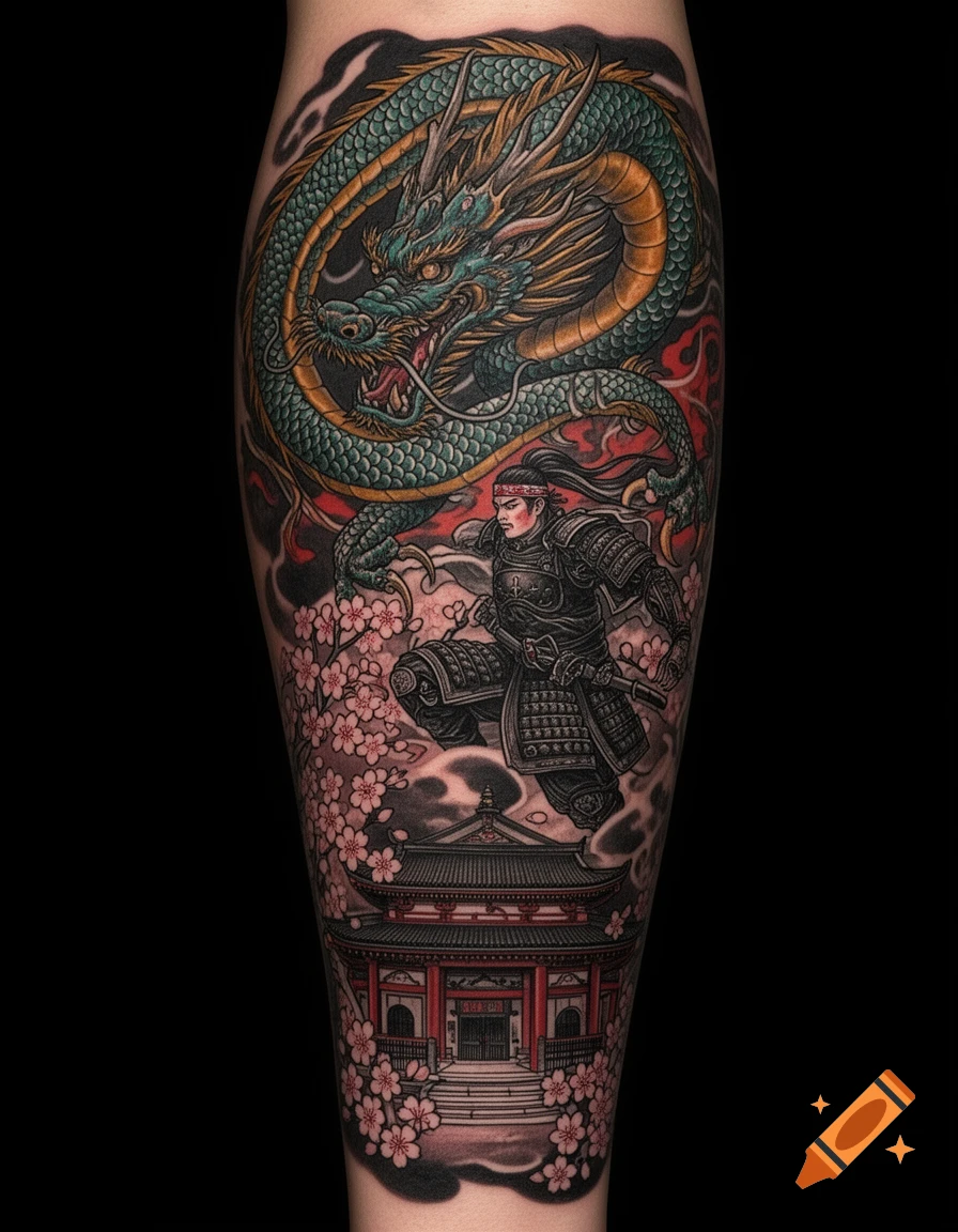 Vibrant tattoo design featuring a green and gold dragon, a samurai warrior, a Japanese temple, and pink cherry blossoms.