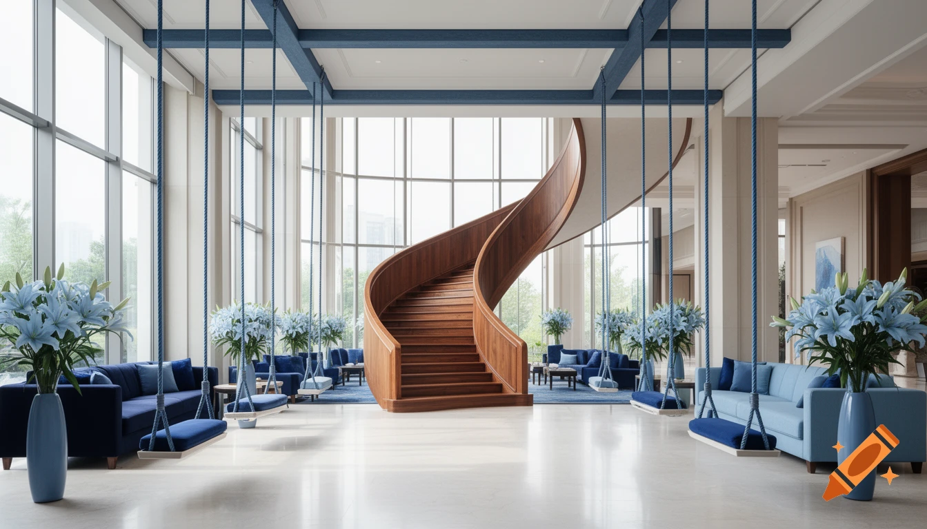 Luxurious hotel lobby with a grand wooden spiral staircase, blue sofas, hanging swings, and vases of light blue lilies.