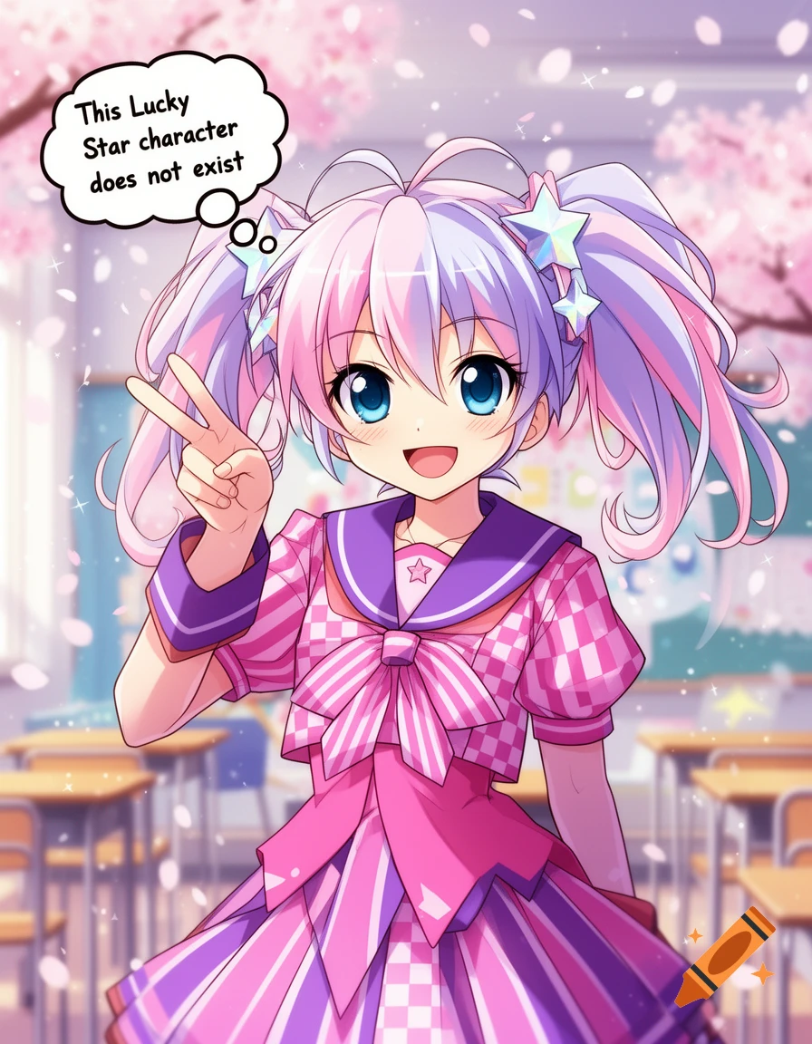 Smiling anime girl with pink and purple pigtails, wearing a school uniform, makes a peace sign. A thought bubble says "This Lucky Star character does not exist."