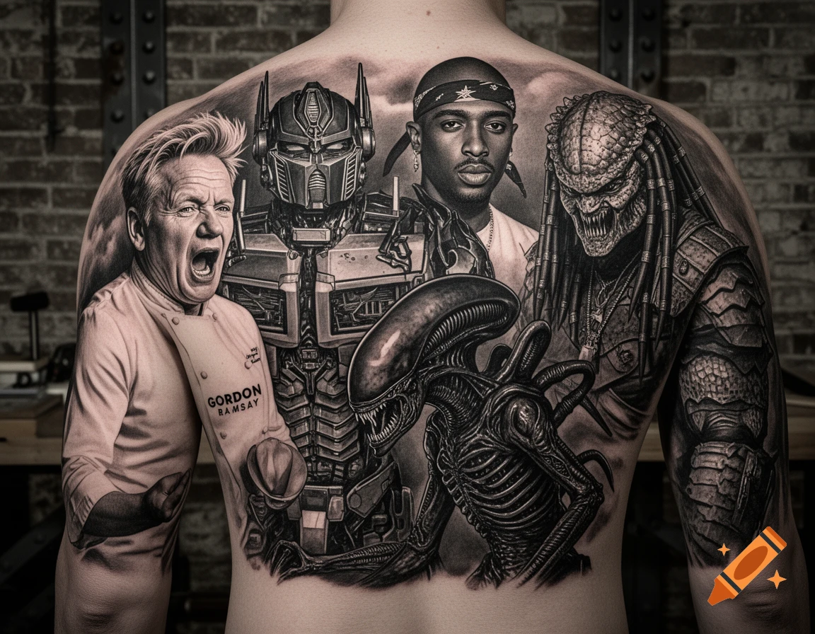 Detailed black and grey tattoos covering a person's back, featuring Gordon Ramsay, Optimus Prime, 2Pac, an Alien Xenomorph, and a Predator.