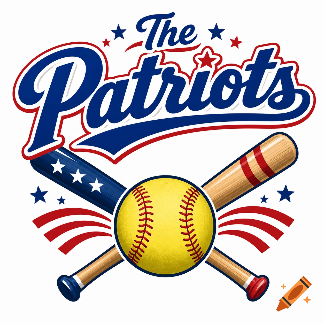 A patriotic softball logo featuring crossed bats, a yellow softball, and the text 'The Patriots' in red, white, and blue.