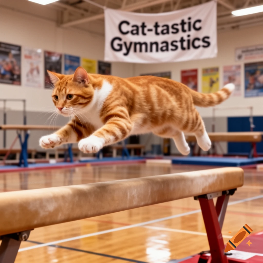 An orange and white cat leaps over a balance beam in a brightly lit gymnasium.