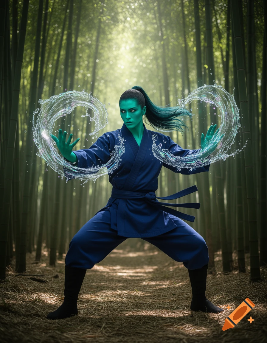Teal-skinned ninja in blue gi wielding water elemental powers in a bamboo forest.