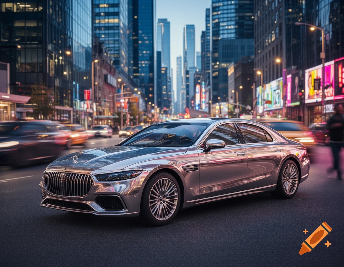 A silver luxury car on a city street at night with motion-blurred traffic and tall buildings in a photorealistic style.