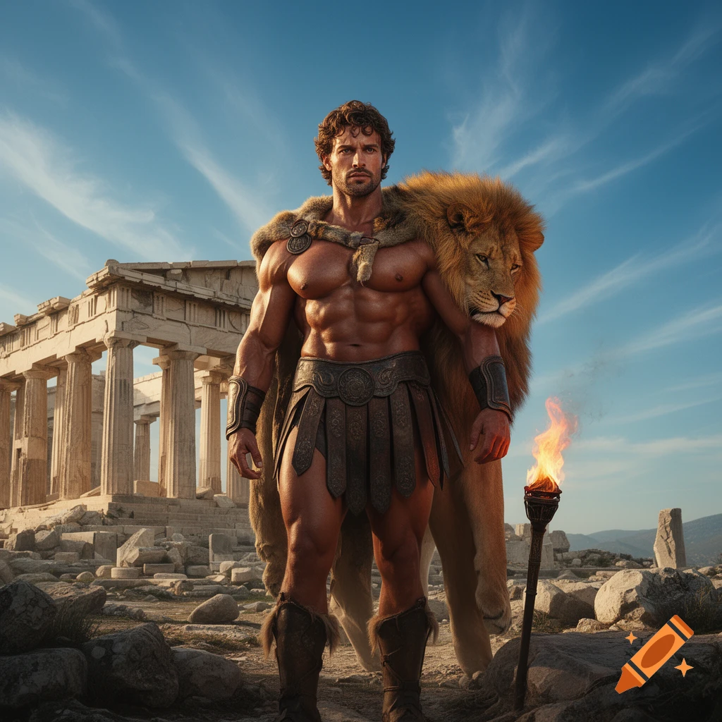 A muscular man, possibly Hercules, wearing a lion skin and holding a torch, stands amidst ancient Greek ruins under a clear sky.