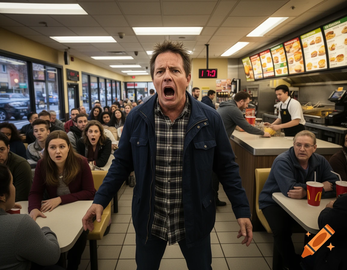 A man screams loudly inside a McDonald's restaurant, with startled customers and staff looking on. Photorealistic style.