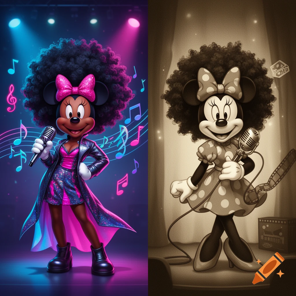 A split image shows Minnie Mouse with an afro; on the left, she's modern and colorful on stage, on the right, she's classic sepia.