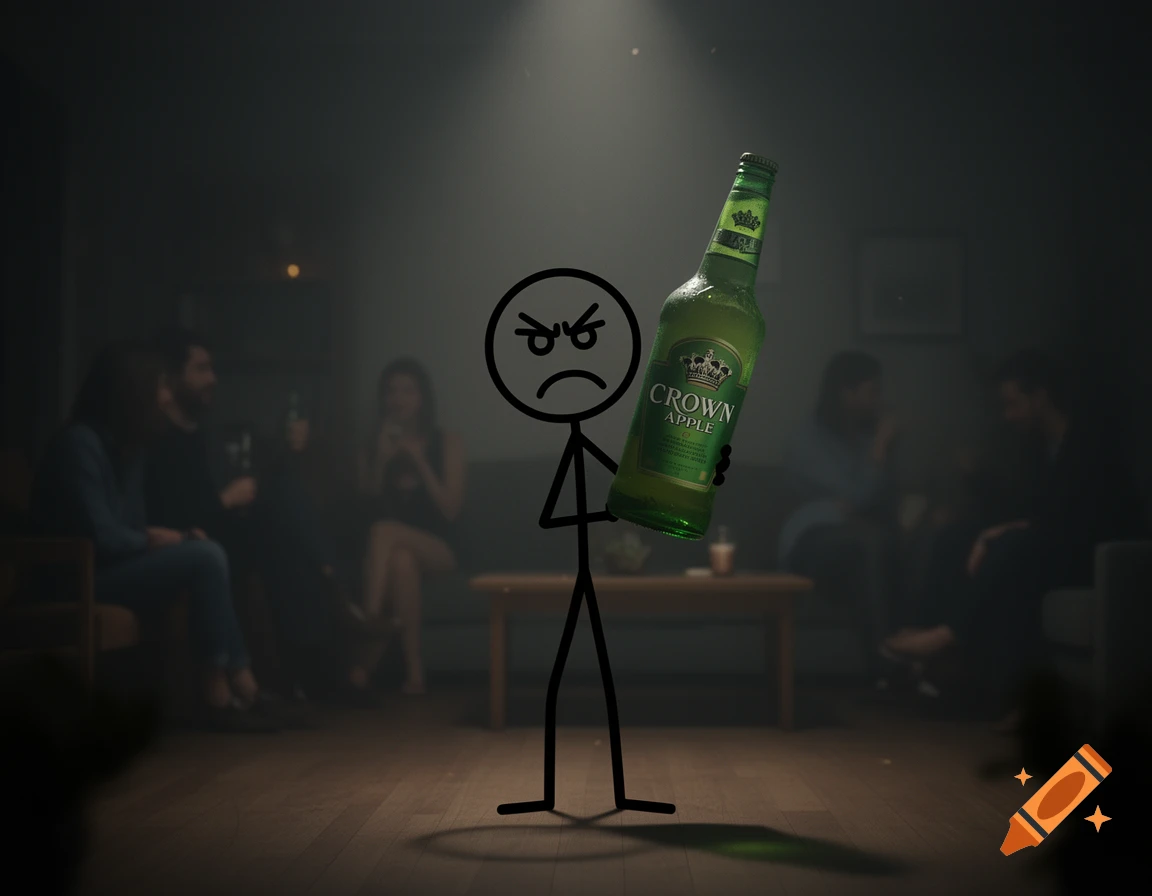 A frustrated stick figure holds a Crown Apple bottle in a dimly lit house party scene with blurry guests in the background.