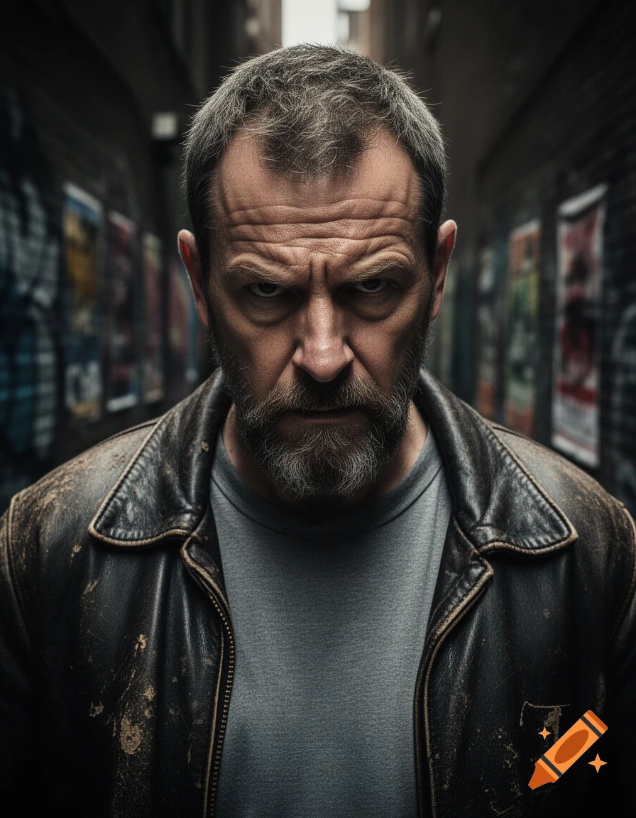 Close-up of a stern, bearded man in a leather jacket, looking directly at the camera in a dark alley.