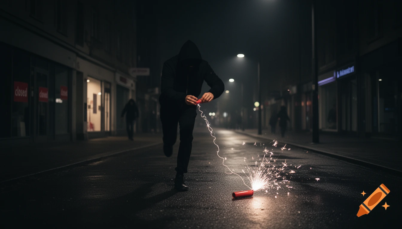 A person in a black hoodie ignites a firecracker on a dark, wet city street at night, with sparks flying.