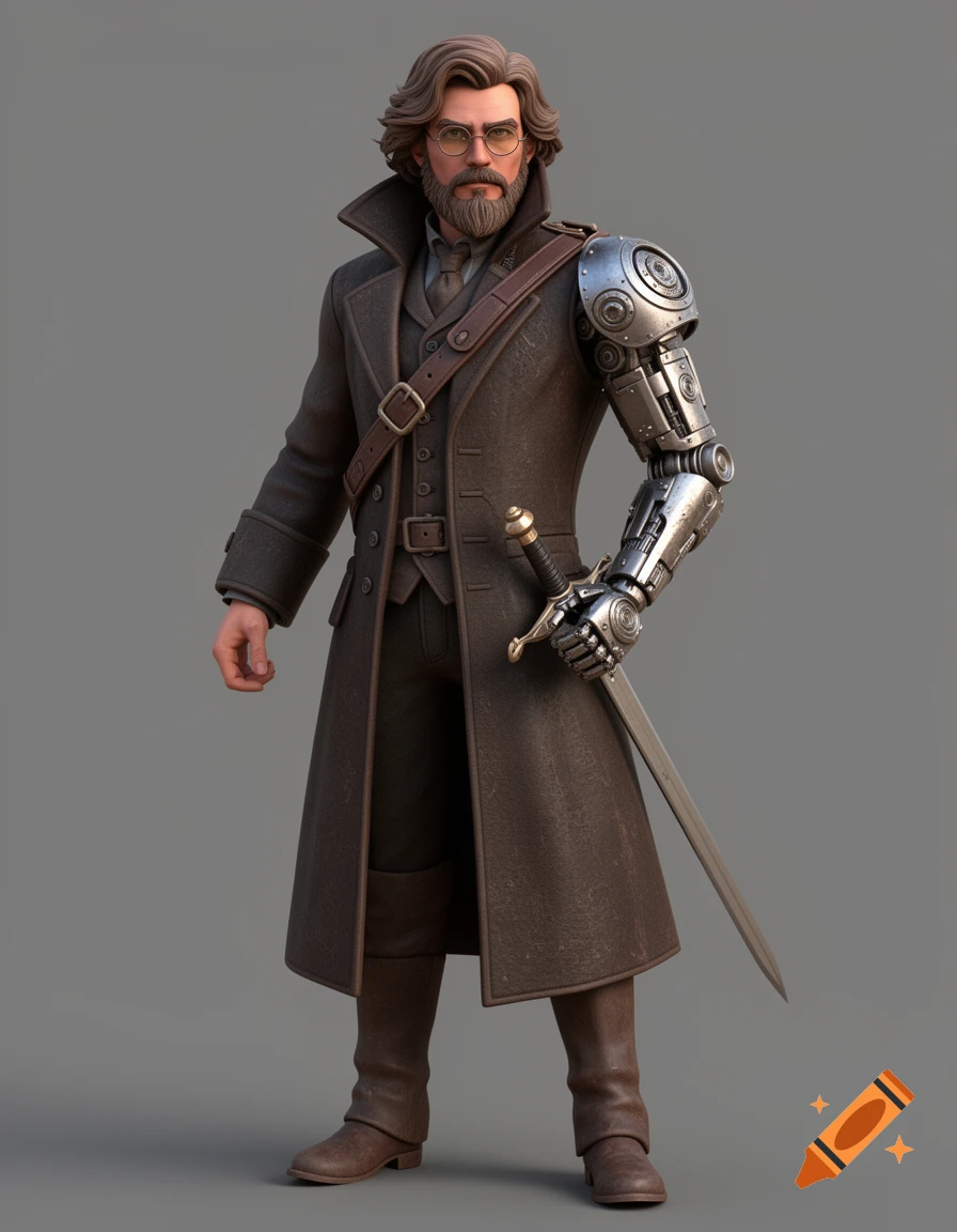 A 3D character of a man with wavy hair, beard, eyeglasses, a dark brown overcoat, a mechanical right arm, and holding a sword.