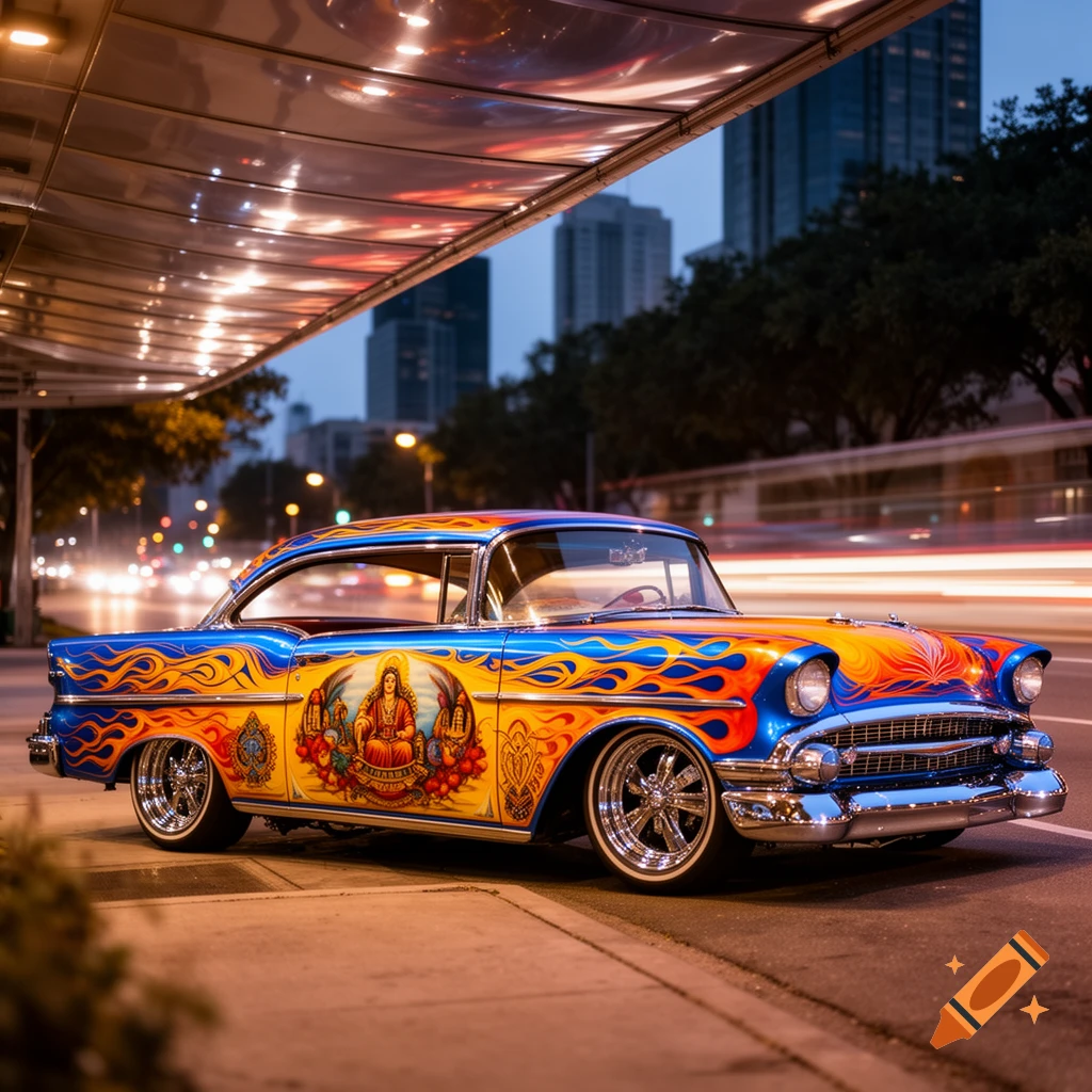 A vibrant custom lowrider car with intricate blue, orange, and gold flame patterns, and a depiction of a deity, parked under a canopy on a city street at night.