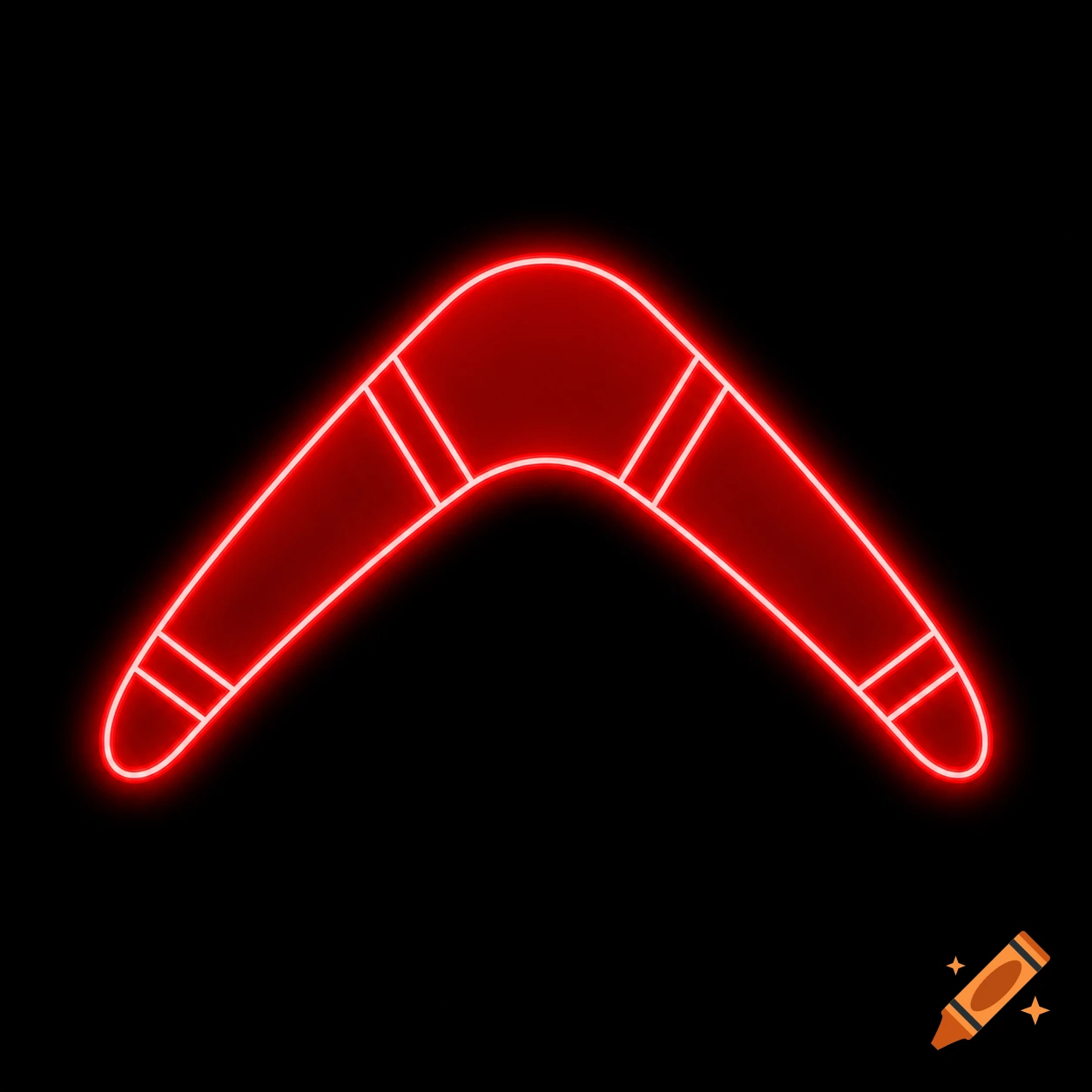 Red neon glowing boomerang icon on a black background.