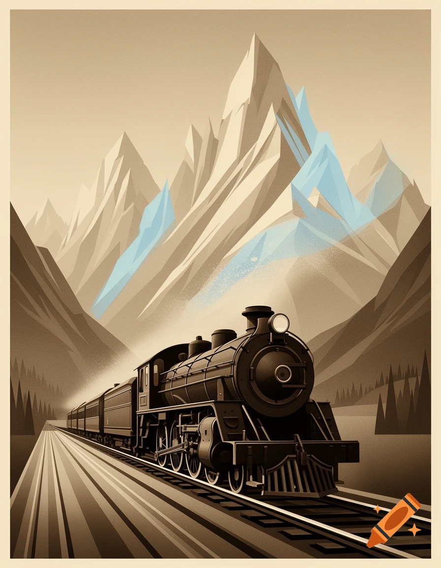 A vintage 1930s poster illustration of a steam train on tracks moving through a stylized, geometric mountainous landscape, rendered in sepia and pale blue tones.