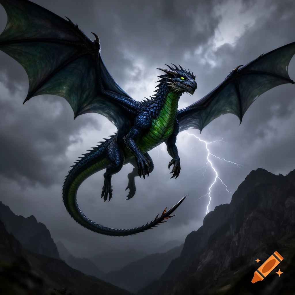 A majestic blue and green dragon with large wings soars through a dark, stormy sky, with a lightning bolt striking in the background over rocky mountains.