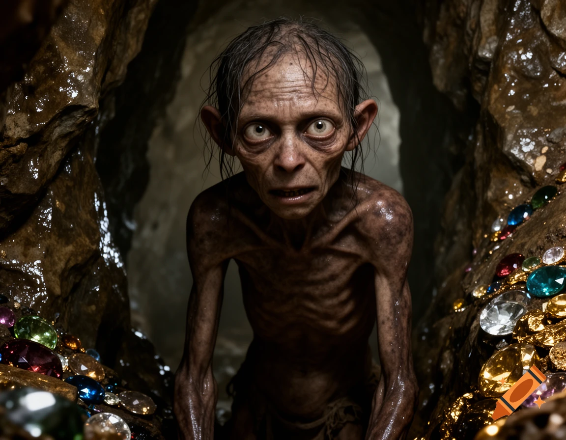 An emaciated Sméagol with dark skin and wide eyes peers from a dark cave filled with sparkling gems, photorealistic.