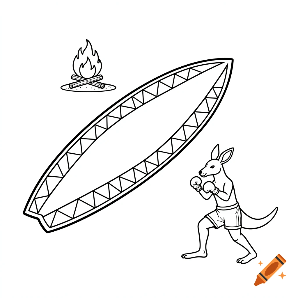 Black and white line art coloring page featuring a surfboard with a triangle pattern, a small campfire icon, and a kangaroo wearing boxing gloves and shorts in a kickboxing pose.