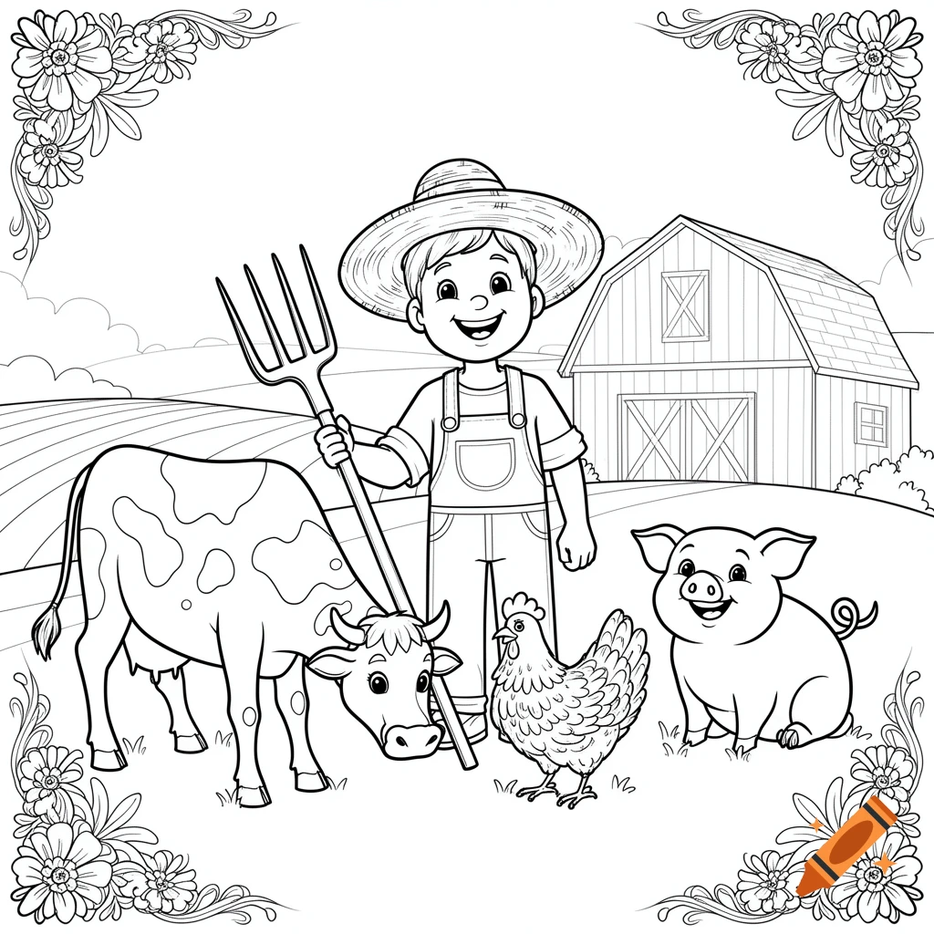 A black and white coloring page illustration of a smiling farmer holding a pitchfork with a cow, chicken, and pig in front of a barn.