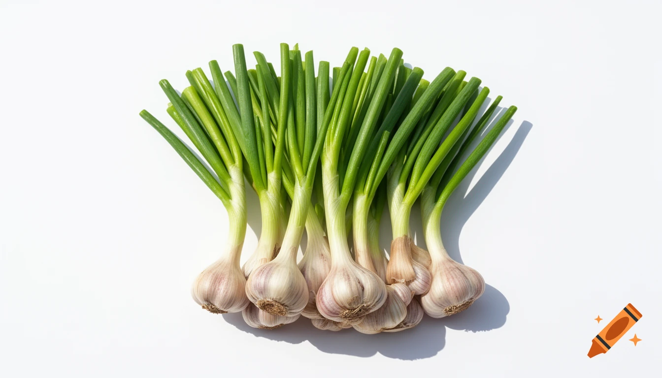 Bundle of fresh garlic with long green stems on a clean white background, photorealistic style.