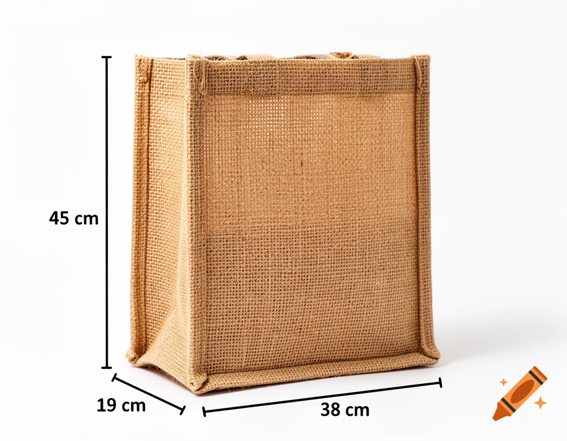A brown jute bag with dimensions 45 cm high, 38 cm wide, and 19 cm deep, on a white background.